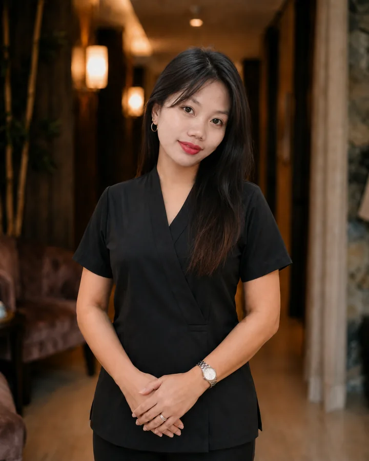 전문 유니폼을 착용한 Stay Well 마사지 테라피스트